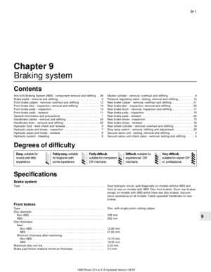 Page 11689 Rover 214 & 414 Updated Version 09/97
9
Chapter 9
Braking system
Anti-lock Braking System (ABS) - component removal and refitting  . . 26
Brake pedal - removal and refitting  . . . . . . . . . . . . . . . . . . . . . . . . . . 2
Front brake caliper - removal, overhaul and refitting  . . . . . . . . . . . . 12
Front brake disc - inspection, removal and refitting  . . . . . . . . . . . . . 13
Front brake pads - inspection  . . . . . . . . . . . . . . . . . . . . . . . . . . . . . . 10
Front brake pads...