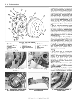 Page 12lower pivot point to release the tension of the
return spring, then disconnect the lower return
spring from both shoes. Ease the upper end
of both shoes out from their wheel cylinder
locations, taking great care not to damage the
wheel cylinder seals, and disconnect the
handbrake cable from the trailing shoe. The
brake shoe and adjuster strut assembly can
now be manoeuvred out of position and away
from the backplate (see illustrations). Do not
depress the brake pedal until the brakes are
reassembled....
