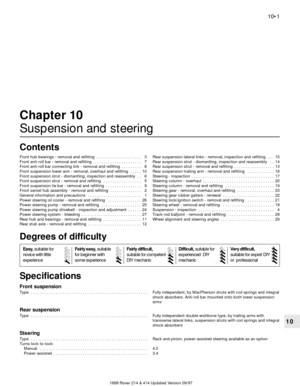 Page 11689 Rover 214 & 414 Updated Version 09/97
10
Chapter 10
Suspension and steering
Front hub bearings - removal and refitting  . . . . . . . . . . . . . . . . . . . . 3
Front anti-roll bar - removal and refitting  . . . . . . . . . . . . . . . . . . . . . 7
Front anti-roll bar connecting link - removal and refitting  . . . . . . . . . 8
Front suspension lower arm - removal, overhaul and refitting  . . . . . 10
Front suspension strut - dismantling, inspection and reassembly  . . 6
Front suspension strut -...
