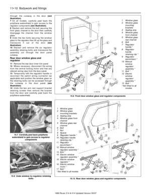 Page 10through the cutaway in the door (see
illustration).
7On all models, carefully peel back the
polythene watershield to gain access to the
regulator components (see illustration).
8Slacken and remove the bolt securing the
front glass channel to the door then carefully
disengage the channel from the window
glass.
9Undo the two bolts securing the window
glass to the regulator then lift up the glass and
manoeuvre it out of the door (see
illustration).
10Slacken and remove the six regulator
assembly retaining...