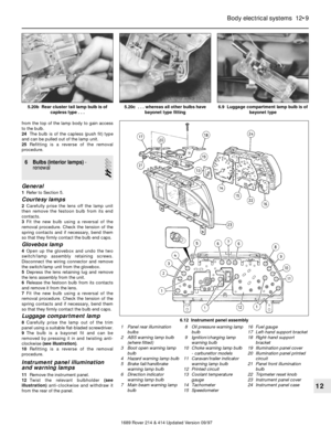 Page 9from the top of the lamp body to gain access
to the bulb.
24The bulb is of the capless (push fit) type
and can be pulled out of the lamp unit.
25Refitting is a reverse of the removal
procedure.
6 Bulbs (interior lamps)-
renewal
2
General
1Refer to Section 5.
Courtesy lamps
2Carefully prise the lens off the lamp unit
then remove the festoon bulb from its end
contacts.
3Fit the new bulb using a reversal of the
removal procedure. Check the tension of the
spring contacts and if necessary, bend them
so that...