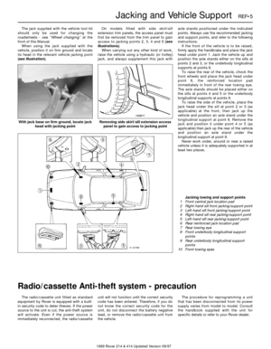 Page 51689 Rover 214 & 414 Updated Version 09/97 The jack supplied with the vehicle tool kit
should only be used for changing the
roadwheels - see “Wheel changing”at the
front of this Manual. 
When using the jack supplied with the
vehicle, position it on firm ground and locate
its head in the relevant vehicle jacking point
(see illustration).On models fitted with side skirt/sill
extension trim panels, the access panel must
first be removed from the trim panel to gain
access to jacking points 2, 3, 4 and 5...