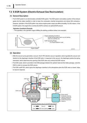Page 81Operation Section1–76
7.2 E-EGR System (Electric-Exhaust Gas Recirculation)
(1) General Description
• The E-EGR system is an electronically controlled EGR system. The EGR system recirculates a portion of the exhaust
gases into the intake manifold in order to lower the combustion chamber temperature and reduce NOx emissions.
However, operation of the EGR system may reduce engine power output and affect drivability. For this reason, in the
E-EGR system, the engine ECU controls the EGR to achieve an optimal...