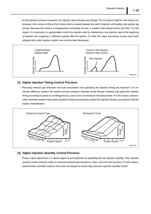 Page 94Operation Section1–89
• As the injection pressure increases, the injection rate increases accordingly. The increase in injection rate leads to an
increase in the volume of the air-fuel mixture that is created between the start of injection until ignition (the ignition lag
period). Because this mixture is subsequently combusted at once, it creates noise (diesel knock) and NOx. For this
reason, it is necessary to appropriately control the injection rate by maintaining a low injection rate at the beginning...