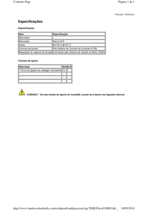 Page 6   
Especificações  
Especificações  
      
Tensões de aperto   
       
Publicado: 16/Mai/2004
Item Especificação 
Alternador:   
Marca/tipo Denso SC2 
Saída 90/150 A @ 25° C 
Controlo da tensão Pelo Módulo de Controlo da Corrente (PCM) 
Regulação do setpoint da tensão Controlado pelo Sistema de Gestão do Motor (EMS) 
Descrição Nm lb-ft 
* Porca de ligação da cablagem da bateria 10 7 
      
      
      
    CUIDADO: * Se esta tensão de aperto for excedida, c ausar-se-á danos nas ligações internas...