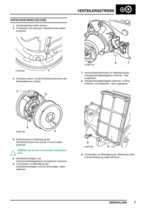 Page 24VERTEILERGETRIEBE
ÜBERHOLUNG1
VERTEILERGETRIEBE ZERLEGEN
1.Verteilergetriebe außen säubern.
2.Öl ablassen und entsorgen, Ablaßschraube wieder
eindrehen.
3.Schraube lockern, um den Einstellmechanismus der
Getriebebremse zu lösen.
4.Senkschraube zur Befestigung der
Getriebebremstrommel und die Trommel selbst
entfernen.
HINWEIS: Es können 2 Schrauben vorgesehen
sein.
5.Getriebebremsträger und
Hinterachsabtriebsgehäuse durchgehend markieren.
6.4 Schrauben zur Befestigung des
Getriebebremsträgers und den...