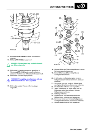 Page 40VERTEILERGETRIEBE
ÜBERHOLUNG17
13.HandpresseLRT-99-002in einen Schraubstock
spannen.
14.MuffenLRT-41-002an Lager vorn.
HINWEIS: Dieses Lager liegt am Keilzahnende
der Differentialwelle.
15.Differential in Handpresse setzen, wobei der zu
WerkzeugLRT-41-001gehörende Druckbolzen
zwischen Preßdorn und Differentialwelle sitzen muß.
16.Differential aus dem Lager pressen.
VORSICHT: Sorgfältig darauf achten, daß das
Differential nicht aus dem Lager fällt.
17.Differential aus der Presse entfernen, Lager...