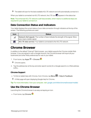 Page 112 MessagingandInternet105
The tablet will scan for the best available 4G LTE network and will automatically connect to it.
When your tablet is connected via 4G LTE network, the LTE icon  appears in the status bar.
Note: The enhanced 4G LTE network is self-discoverable, which means no additional steps are 
required for your tablet to connect to it.
Data Connection Status and Indicators 
Your tablet displays the current status of your data connection through indicators at the top of the 
screen. The...