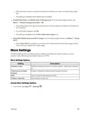 Page 197 Settings190
 l With restriction turned on, drag the horizontal Limit slider up or down to set the data usage 
limit.
 l This setting is available when Mobile data is enabled.
 n Enable Restriction on Mobile Data in Background: From the Data usage window, tap 
Menu  > Restrict background data > OK.
 l This setting stops some apps and services from working unless your tablet is connected to a 
Wi-Fi network.
 l If a confirmation appears, tap OK.
 l This setting is available when Limit mobile data usage is...