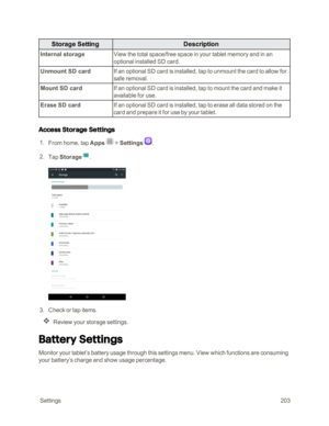Page 210 Settings203
Storage SettingDescription
Internal storageView the total space/free space in your tablet memory and in an 
optional installed SD card.
Unmount SD cardIf an optional SD card is installed, tap to unmount the card to allow for 
safe removal.
Mount SD cardIf an optional SD card is installed, tap to mount the card and make it 
available for use.
Erase SD cardIf an optional SD card is installed, tap to erase all data stored on the 
card and prepare it for use by your tablet.
Access Storage...