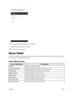 Page 235 Settings228
 2. Tap System updates.
The system updates screen menu appears.
 3. Tap the available options to update.
Your system is updated.
About Tablet
The About Tablet menu lets you access important tablet information, search for and apply updates, 
and view legal and safety information.
About Tablet Overview
About Tablet ItemDescription
StatusCheck your tablet’s status.
Legal informationCheck copyright information, terms of use, etc.
4G settingsCheck the network provider and IP address.
Model...