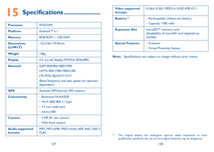 Page 65127128
15 Specifications .....................
ProcessorMT6735M
PlatformAndroid™ 5.1
Memory8GB ROM + 1GB RAM
Dimensions (LxWxT)132.2*65.1*9.95mm
Weight146g
Display4.5, on-cell display, FWVGA (854x480)
NetworkGSM: 850/900/1800/1900
UMTS: 850/1700/1900/2100
LTE FDD: B2/4/5/7/12/17
(Band frequency and data speed are operator dependent.)
GPSAssisted GPS/Internal GPS antenna
Connectivity•	Bluetooth V4.0/A2DP
•	Wi-Fi IEEE 802.11 b/g/n
•	3.5 mm audio jack
•	micro-USB
Camera•	5 MP AF rear camera
•	VGA front...