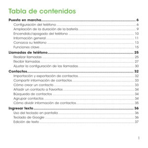 Page 1201
Tabla de contenidos
Puesta en marcha ........................................................................\
...............6
Configuración del teléfono ........................................................................\
.............6
Ampliación de la duración de la batería ..............................................................9
Encendido/apagado del teléfono ......................................................................10
Información general...