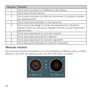 Page 18768
NúmeroFunción
1Toca para acceder a tu biblioteca de música.
2Toca para añadir efectos.
3Toca para acceder a la lista de canciones y cambiar el orden de reproducción.
4Toca aquí para acceder a más opciones.
5Toca aquí para elegir el modo de reproducción: Aleatorio, Repetir todas las canciones, Repetir canción actual, Repetición desactivada. 
6Toca para reproducir la canción anterior.
7Toca aquí para reproducir o detener.
8Toca para reproducir la canción siguiente.
9Toca aquí para etiquetar la...