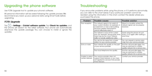 Page 499495
Upgrading the phone software
Use FOTA Upgrade tool to update your phone's software.
All personal information will be saved following the update process. We 
recommend you back up your personal data using Smart Suite before 
upgrading.
FOTA Upgrade
Tap  > Settings > Cricket software update. Tap Check for updates, and 
the phone will search for the latest software. Your phone will automatically 
download the update package. You can choose to install or ignore the 
updates.
Troubleshooting
If you...