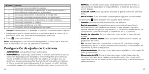 Page 956667
NúmeroFunción
1 Toca aquí para actualizar los ajustes.
2 Toca aquí para activar o desactivar el flash de la cámara, o 
para activar el modo de flash automático.
3 Toca aquí para activar o desactivar el modo HDR.
4 Toca aquí para alternar entre cámara frontal/trasera.
5 Toca aquí para activar o desactivar el modo nocturno.
6 Toca aquí para abrir la Galería.
7 Toca aquí para tomar una foto.
8 Toca para iniciar una grabación de video. 
Consejo: Puede pellizcar o extender la pantalla para acercarla o...