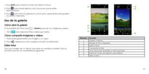 Page 987273
1. Toca 
AUTO para activar el modo de mezcla manual.
2.
  Toca  para añadir efectos a las canciones que se están 
reproduciendo.
3.
  Toca  para iniciar la grabación y toca aquí nuevamente para guardar 
la canción mezclada.
Uso de la galería
Cómo abrir la galería
En la pantalla de inicio, toca  > Galería para ver tus imágenes y videos.
•	 Toca 
 para seleccionar fotos o videos que mostrar.
Cómo compartir imágenes o videos
1.   Pulsa prolongadamente una imagen o un video.
2 . 
  Toca  y selecciona...