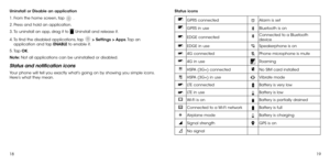 Page 111819
Uninstall or Disable an application
1.
  From the home screen, tap  .
2.
  Press and hold an application.
3.
  To uninstall an app, drag it to  Uninstall and release it. 
4 . 
 To find the disabled applications, tap  > Settings > Apps. Tap  an 
application and tap ENABLE to enable it. 
5.
  Tap  OK.
Note:  Not all applications can be uninstalled or disabled.
Status and notification icons
Your phone will tell you exactly what’s going on by showing you simple icons. 
Here’s what they mean. Status...