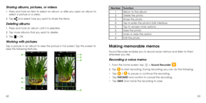 Page 336263
Sharing albums, pictures, or videos
1 .   Press and hold an item to select an album, or after you open an album to 
select a picture or a video.
2 . 
  Tap  and select how you want to share the items.
Deleting albums
1 .   Press and hold an album until it is selected.
2 . 
  Tap more albums that you want to delete.
3 . 
  Tap  > OK.
Working with pictures
Tap a picture in an album to view the picture in full screen. Tap the screen to 
view the following features.





 
Number Function
1...