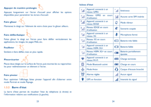 Page 862324
Icônes d’état
Appareil connecté à un réseau GPRSItinérance
Réseau GPRS en cours d’utilisationAucune carte SIM insérée
Appareil connecté à un réseau EDGEMode vibreur
Réseau EDGE en cours d’utilisationSonnerie coupée
Appareil connecté à un réseau 3GMicrophone fermé
Réseau 3G en cours d’utilisationBatterie très faible
Appareil connecté à un réseau HSPA 3G+Batterie faible
Réseau HSPA 3G+ en cours d’utilisationBatterie partiellement épuisée
Appareil connecté à un réseau Wi-FiCharge terminée
Mode...