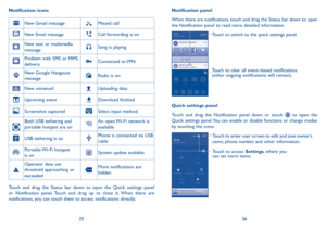 Page 142526
Notification icons
New Gmail messageMissed call
New Email messageCall forwarding is on
New text or multimedia 
messageSong is playing
Problem with SMS or MMS 
deliveryConnected  to VPN
New Google Hangouts 
messageRadio is on
New voicemailUploading data
Upcoming eventDownload finished
Screenshot capturedSelect input method
Both USB tethering and 
portable hotspot are onAn open Wi-Fi network is 
available
USB tethering is onPhone is connected via USB 
cable
Portable Wi-Fi  hotspot 
is onSystem update...