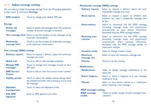 Page 275152
4�1�3 Adjust message settings
You can adjust a range of message settings. From the Messaging application 
screen, touch 
 and touch Settings. 
•	 SMS enabled Touch to change your default SMS app. 
Storage •	 Delete old 
messages Select to delete old messages when the maximum 
number of stored messages is reached. 
•	 Text message limit Touch to set the number of text messages to be 
saved per conversation.
•	 Multimedia 
message limit Touch to set the number of multimedia messages 
to be saved per...
