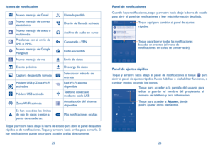 Page 742526
Iconos de notificación
Nuevo mensaje de GmailLlamada perdida
Nuevo mensaje de correo 
electrónicoDesvío de llamada activado
Nuevo mensaje de texto o 
multimediaArchivo de audio en curso
Problemas con el envío de 
SMS o MMS.Conectado  a VPN
Nuevo mensaje de Google 
HangoutsRadio encendida
Nuevo mensaje de vozEnvío de datos
Evento próximoDescarga de datos
Captura de pantalla tomadaSeleccionar método de 
entrada
Módem USB y Zona Wi-Fi 
activadosRed Wi-Fi  abierta 
disponible
Módem USB activadoTeléfono...