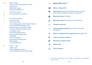 Page 111920
2.2 status  Bar Icons (1)
Battery charge level
Vibrate alert: your phone vibrates, but does not ring or  
beep with the exception of the alarm (see page 59)
Bluetooth status (Activated)
 Bluetooth status (Connected to an audio device)
Headset connected
Call forwarding activated: your calls are forwarded  
(see page 63)
alarm or appointments programmed (see page 54, 55)
level of network reception
 Voicemail message arrived
 missed calls
 Call in progress
•	Press: "0" Key 
Press and hold:...