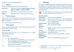 Page 213940
To adjust the volume, use the navigation key.
7.2.3 settings
Access by pressing the Left softkey for following options:
Play mode Enable you to switch among Normal,  Repeat current, 
Repeat all,  shuffle and Repeat shuffle.
Equalizer Show different music styles preset in the phone.  
Display Enable your player to display song information lyric.
7.3 Picture viewer
A library links to the pictures both in phone and microSD card to be 
shown in list, sent, set as wallpaper, and incoming call picture or...