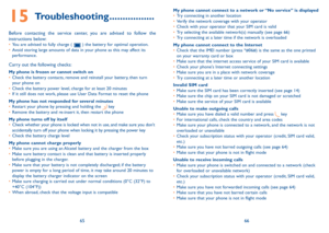 Page 346566
15 Troubleshooting .................
Before contacting the service center, you are advised to follow the 
instructions below:
•	You are advised to fully charge (  ) the battery for optimal operation.
•	 Avoid storing large amounts of data in your phone as this may affect its 
performance.
Carry out the following checks:
my phone is frozen or cannot switch on 
•	Check the battery contacts, remove and reinstall your battery, then turn 
your phone on 
•	 Check the battery power level, charge for at...