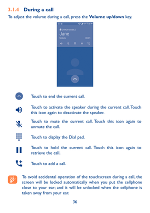 Page 3836
3�1�4 During a call
To adjust the volume during a call, press the Volume up/down ke y.
Touch to end the current call.
Touch to activate the speaker during the current call. Touch this icon again to deactivate the speaker.
Touch to mute the current call. Touch this icon again to unmute the call.
Touch to display the Dial pad.
Touch to hold the current call. Touch this icon again to retrieve the call.
Touch to add a call.
To avoid accidental operation of the touchscreen during a call, the screen will be...