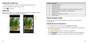 Page 1567273
Eliminación de álbumes
1 .   Mantenga pulsado un álbum hasta que quede seleccionado.
2 .   Toque más álbumes que desee eliminar.
3 .   Toque  > Aceptar.
Editar fotos
Toque una imagen de un álbum para verlo en pantalla completa. Toque la pantalla para ver las características siguientes.





 
NúmeroFunción
1Vuelve al álbum.
2Elimina la foto.
3Compartir foto.
4Toque aquí para acceder a la interfaz de edición de la foto.
5Toque aquí para acceder a más opciones.
6Guardar foto.
7Deshacer o...