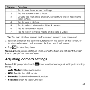 Page 6361
NumberFunction
1Tap to select modes and settings.
2Tap the screen to set a focus.
3Double-tap then drag or pinch/spread two fingers together to zoom in/out.
4Tap to take a picture.
5Tap to switch between front/back camera.
6Tap to select flash mode.
7Tap to switch to Video mode and record a video.
Tip: You can pinch or spread on the screen to zoom in or zoom out.
3 .   You can either let the camera autofocus on the center of the screen, or touch another area on the screen that you want to focus on.
4...
