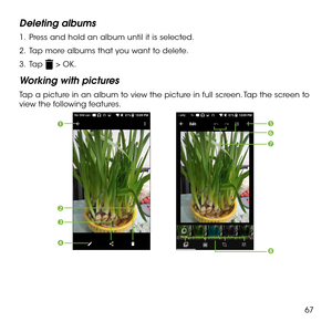 Page 6967
Deleting albums
1 .   Press and hold an album until it is selected.
2 .   Tap more albums that you want to delete.
3 .   Tap  > OK.
Working with pictures
Tap a picture in an album to view the picture in full screen. Tap the screen to view the following features.





  
