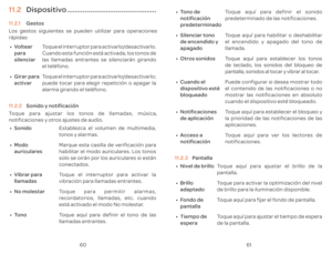 Page 1236061
11. Dispositivo ..............................................
11.  Gestos
L
r\341pidas:
00990015 V
para 
silenciar T
Cuando 
las llamadas en
el t
00990015 Girar para 
activar T
puede 
alarma gir
11.  Sonido y no
T
notificaciones y otr
00990015 Sonido Est
t
00990015 Modo 
auriculares Mar
habilit
solo se oir\341n por los auricular
conect
00990015 Vibrar para 
llamadas T
vibr
00990015 No molestar T
r
est\341 activ
00990015 T T
llamadas en 00990015
T
no
prede T
pr
00990015 Silenciar tono 
de encendido...
