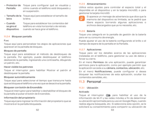 Page 1246263
00990015
Pro
P T
c\363mo cuando el t
en suspensi\363n.
00990015 T
le T
la letr
00990015 Cuando 
se gire el 
dispositivo T
t
cuando se hace gir
11.  Bloquear pan
F
UNCT
apar
Bloqueo de pan
T
la pan
desliz
un pa
Hacer visible los pa
T
desbloquear la pan
Bloquear autom\341ticamen
T
que 
Bloquear con bo
T
la pan
Inf
T
mostr 11. 
Almacenamien
Utilice est
disponible en el dispositiv
gestionar la t
Si apar
memoria del dispositiv
liber
ar
11.  B
T
par
Puede ajust
tiempo de esper
11.  A
T
inst
f
EP  d...