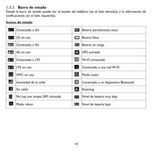 Page 10914
1.3.2 Barra de estadoDesde la barra de estado puede ver el estado del teléfono (en el lado derecho) y la información de notificaciones (en el lado izquierdo).
Iconos de estado
Conectado a 2GBatería parcialmente vacía
2G en uso Batería llena
Conectado a 4GBatería en carga
4G en usoGPS activado
Conectado a LTEWi-Fi conectado
LTE en usoConectado a una red Wi-Fi
WFC en usoModo vuelo
Intensidad de la señalConectado a un dispositivo Bluetooth
Sin señalRoaming
No hay una tarjeta SIM colocadaNivel de batería...