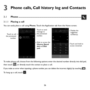 Page 2826
3  Phone calls, Call history log and Contacts
3.1 Phone ........................................................................\
.....................
3.1.1 Placing a call
You can easily place a call using Phone. Touch the Application tab from the Home screen. 
Touch to send 
message to 
the previewed 
number.
Touch to call 
the previewed  number.
Slide to access the 
History, Speed 
dial and Dial 
pad.
Display the 
suggested 
number(s).
Touch and hold to 
access voicemail.
To make phone call, choose...