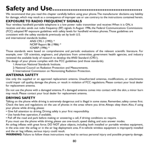 Page 8280
Safety and Use. .................................................
We recommend that you read this chapter carefully before using your phone. The manufacturer disclaims any liability for damage, which may result as a consequence of improper use or use contrary to the instructions contained herein.EXPOSURE TO RADIO FREQUENCY SIGNALSYour wireless handheld portable telephone is a low power radio transmitter and receiver. When it is ON, it receives and also sends out radio frequency (RF) signals. In August...