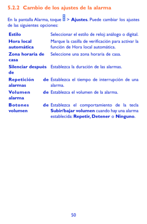 Page 14450
5.2.2 Cambio de los ajustes de la alarma
En la pantalla Alarma, toque  > Ajustes. Puede cambiar los ajustes de las siguientes opciones:
EstiloSeleccionar el estilo de reloj: análogo o digital. 
Hora local automáticaMarque la casilla de verificación para activar la función de Hora local automática.
Zona horaria de casaSeleccione una zona horaria de casa.
Silenciar después deEstablezca la duración de las alarmas.
Repetición de alarmasEstablezca el tiempo de interrupción de una alarma.
Volumen de...