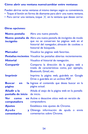 Page 14854
Cómo abrir una ventana nueva/cambiar entre ventanas
Pueden abrirse varias ventanas al mismo tiempo según su conveniencia.•	Toque el botón en forma de diamante para abrir una nueva ventana.•	Para cerrar una ventana, toque  en la ventana que desee cerrar.
Otras opciones:
Nueva pestañaAbra una nueva pestaña.
Nueva pestaña de incógnitoAbra una nueva pestaña de incógnito de modo que no se conserven las páginas web en el historial del navegador, almacén de cookies o historial de búsqueda. 
MarcadorVisualice...
