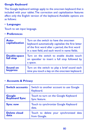 Page 808081
Google Keyboard
The Google keyboard settings apply to the onscreen keyboard that is included with your tablet. The correction and capitalization features affect only the English version of the keyboard. Available options are as follows:
•	Languages
Touch to set input language.
•	Preferences
Auto-capitalizationTurn on the switch to have the onscreen keyboard automatically capitalize the first letter of the first word after a period, the first word in a text field, and each word in name fields....
