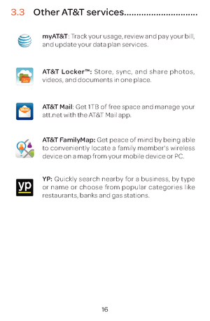 Page 1916
3.3 Other AT&T services ..............................
m y AT&T: Track your usage, review and pay your bill, 
and update your data plan services.
AT&T Locker™: Store, sync, and share photos, 
videos, and documents in one place.
AT&T Mail: Get 1TB of free space and manage your 
att.net with the AT&T Mail app.
AT&T FamilyMap: Get peace of mind by being able 
to conveniently locate a family member's wireless 
device on a map from your mobile device or PC.
YP: Quickly search nearby for a business, by...
