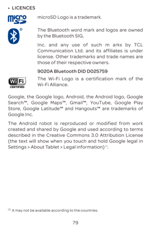 Page 8279
•	
LICENCES
microSD Logo is a trademark.
The Bluetooth word mark and logos are owned 
by the Bluetooth SIG,
Inc. and any use of such m arks by TCL 
Communication Ltd. and its affiliates is under 
license. Other trademarks and trade names are 
those of their respective owners.
9020A Bluetooth DID D025759
The Wi-Fi Logo is a certification mark of the 
Wi-Fi Alliance.
Google, the Google logo, Android, the Android logo, Google 
Search™, Google Maps™, Gmail™, YouTube, Google Play 
Store, Google Latitude™...