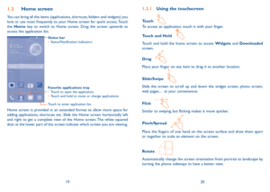 Page 111920
1.3.1 Using the touchscreen
Touch   
To access an application, touch it with your finger.
Touch and Hold   
Touch and hold the home screen to access Widgets and Downloaded screen.
Drag   
Place your finger on any item to drag it to another location.
Slide/Swipe   
Slide the screen to scroll up and down the widget screen, photo screen, web pages… at your convenience.
Flick   
Similar to swiping, but flicking makes it move quicker.
Pinch/Spread   
Place the fingers of one hand on the screen surface...