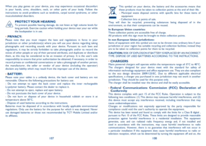 Page 55107108
This symbol on your device, the battery and the accessories means that these products must be taken to collection points at the end of their life:- Municipal waste disposal centres with specific bins for these items of equipment - Collection bins at points of sale. They will then be recycled, preventing substances being disposed of in the environment, so that their components can be reused.
In European Union countries:These collection points are accessible free of charge.All products with this...