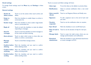 Page 285354
Gmail settings
To  manage  Gmail  settings,  touch  the Menu  key  and Settings in  Inbox screen.
General settings
•	Archive & delete actionsTouch  to  set  the  actions  when  touch  archive  and delete. 
•	Swipe to archiveMark  the  checkbox  to  enable Swipe  to  archive  in conversation list.
•	Sender imageMark  the  checkbox  to  show  sender  image  beside name in conversation list.
•	Reply allTouch  to  mark  the  checkbox  to  make  the  default responding to messages.
•	Auto-fit...