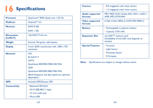 Page 68133134
16 Specifications
ProcessorQualcomm® 8926 Quad core 1.2G Hz
PlatformAndroid™ 4.3
MemoryROM: 8 GB
RAM: 1 GB
Dimensions (LxWxT)136.5*69.7*7.45 mm
WeightAround 126 grams with battery
Display5-inch QHD touchscreen with 1280 x 720  resolution
NetworkLTE: 
B1/2/4/7/17 
UMTS: 
Quad-band 850/900/1900/2100 MHz
GSM: 
Quad-band 850/900/1800/1900 MHz
(Band frequency and data speed are operator dependent.)
GPSAssisted GPS/Glonass GPS
Connectivity•	Bluetooth BT4.0,LE
•	Wi-Fi IEEE 802.11 b/g/n
•	3.5 mm audio...