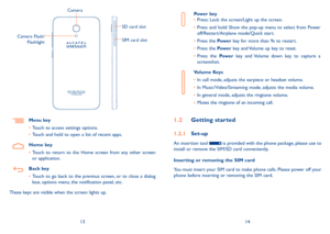 Page 81314
Camera
Camera Flash/ Flashlight
SD card slot
SIM card slot
Menu key
•	Touch to access settings options.
•	Touch and hold to open a list of recent apps. 
Home key
•	Touch  to  return  to  the  Home  screen  from  any  other  screen or application.
Back key
•	Touch to go back to the previous screen, or to close a dialog box, options menu, the notification panel, etc.
These keys are visible when the screen lights up.
Power key•	Press: Lock the screen/Light up the screen.
•	Press and hold: Show the...