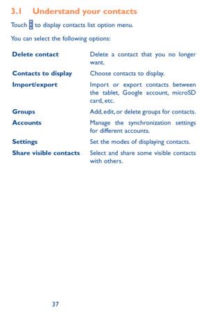 Page 373637
3.1 Understand your contacts
Touch  to display contacts list option menu. 
You can select the following options:
Delete contactDelete a contact that you no longer want.
Contacts to displayChoose contacts to display.
Import/exportImport or export contacts between the tablet, Google account, microSD card, etc.
GroupsAdd, edit, or delete groups for contacts.
AccountsManage the synchronization settings for different accounts.
SettingsSet the modes of displaying contacts.
Share visible contactsSelect and...